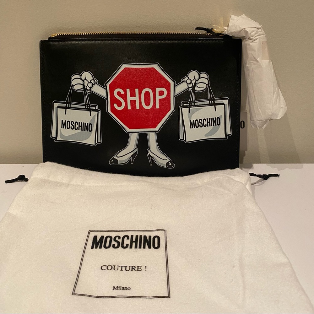 Moschino Black Leather “SHOP” Clutch